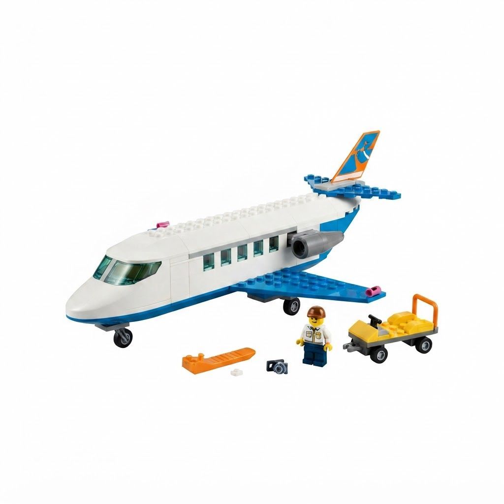LEGO City Passenger Jet Building Set, Airplane Toy with 4 Minifigures and Airport 4+ years, Suitcases, wands, camera, mug, boarding pass, trolley