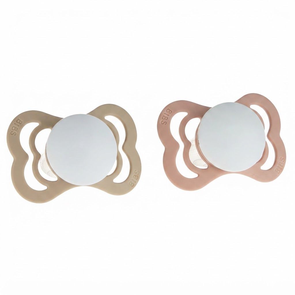 BIBS Supreme Pacifiers Size 1 0+ Months 2 Pack, Natural Rubber Latex Nipple, Generous Ventilation Openings - Blush Glow/Vanilla Glow