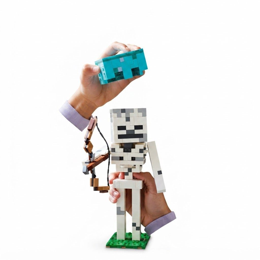 مجموعة بناء الهيكل العظمي من ليغو ماينكرافت، مجسم شخصية ماينكرافت قابل للتحريك مع ماسة، مناسب للأطفال من عمر 10 سنوات فما فوق.