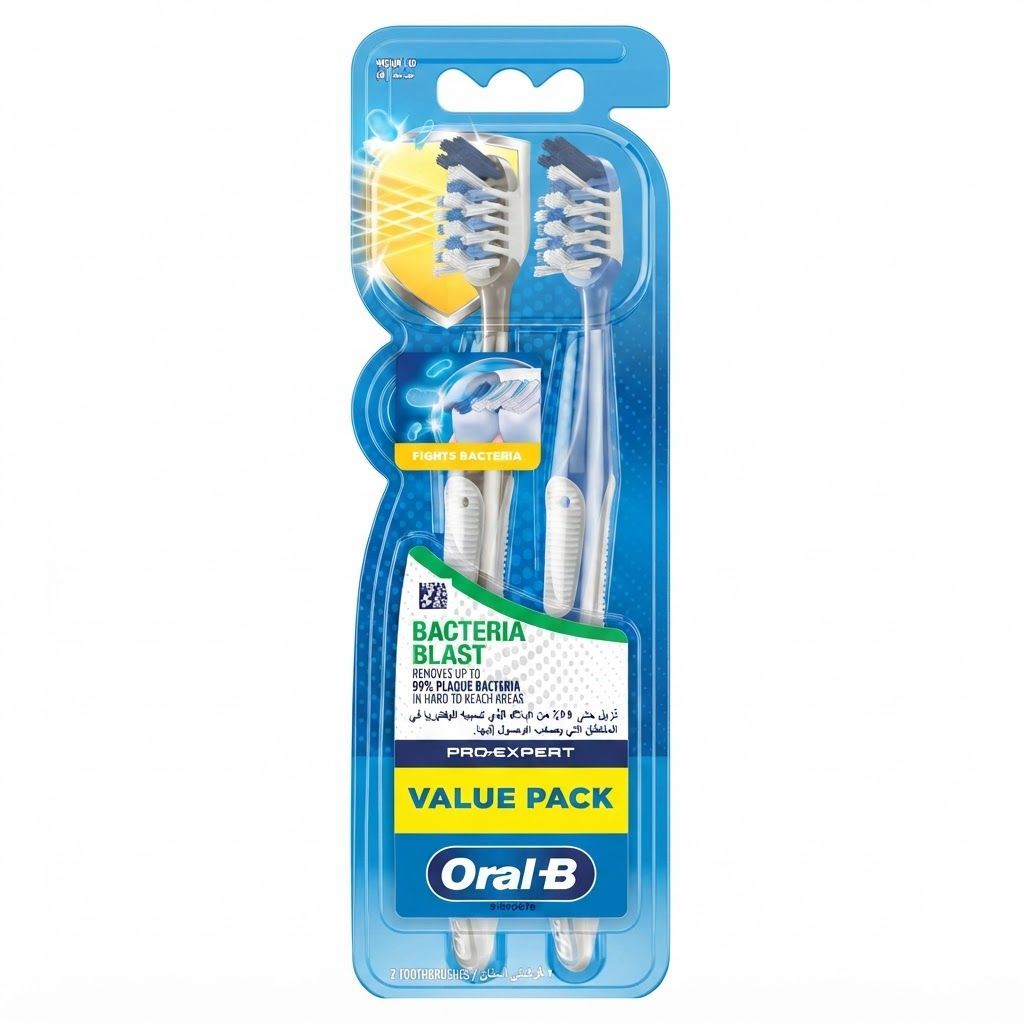 Oral-B Pro-Expert Bacteria Blast Manual Toothbrush, Medium Bristles, Multicolour, 2-Pack