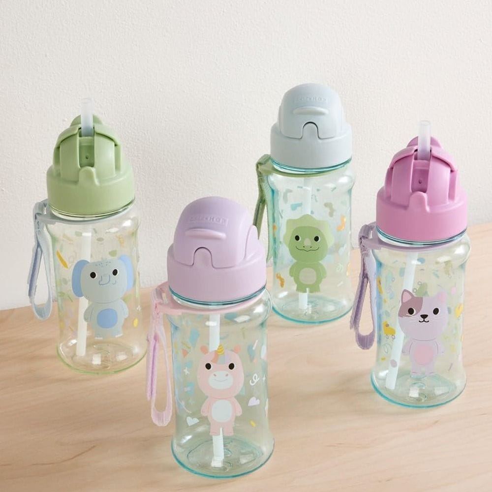 Skip Hop Besties Squad Cat Straw Bottle 12+ Monthss 355ml, Flip-Down Straw For Hygiene Protection, Handy Grab Strap For Easy Carrying - Multicolour