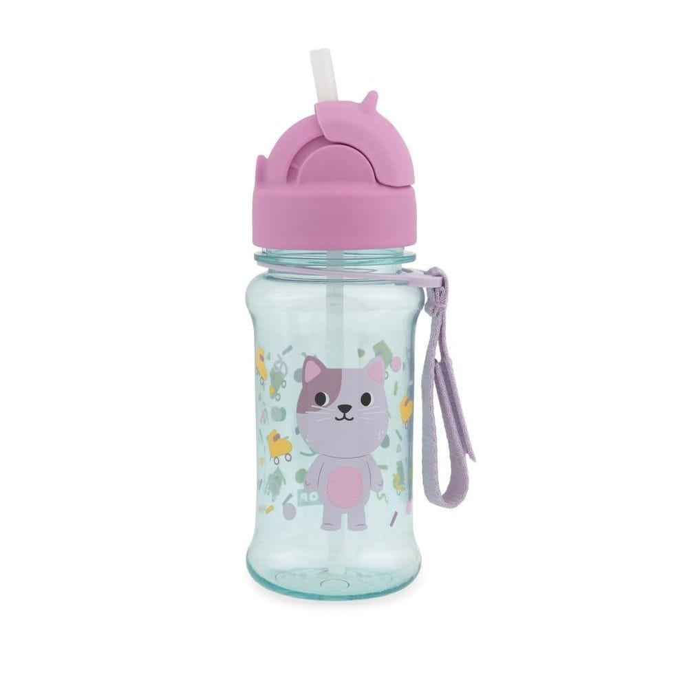 Skip Hop Besties Squad Cat Straw Bottle 12+ Monthss 355ml, Flip-Down Straw For Hygiene Protection, Handy Grab Strap For Easy Carrying - Multicolour
