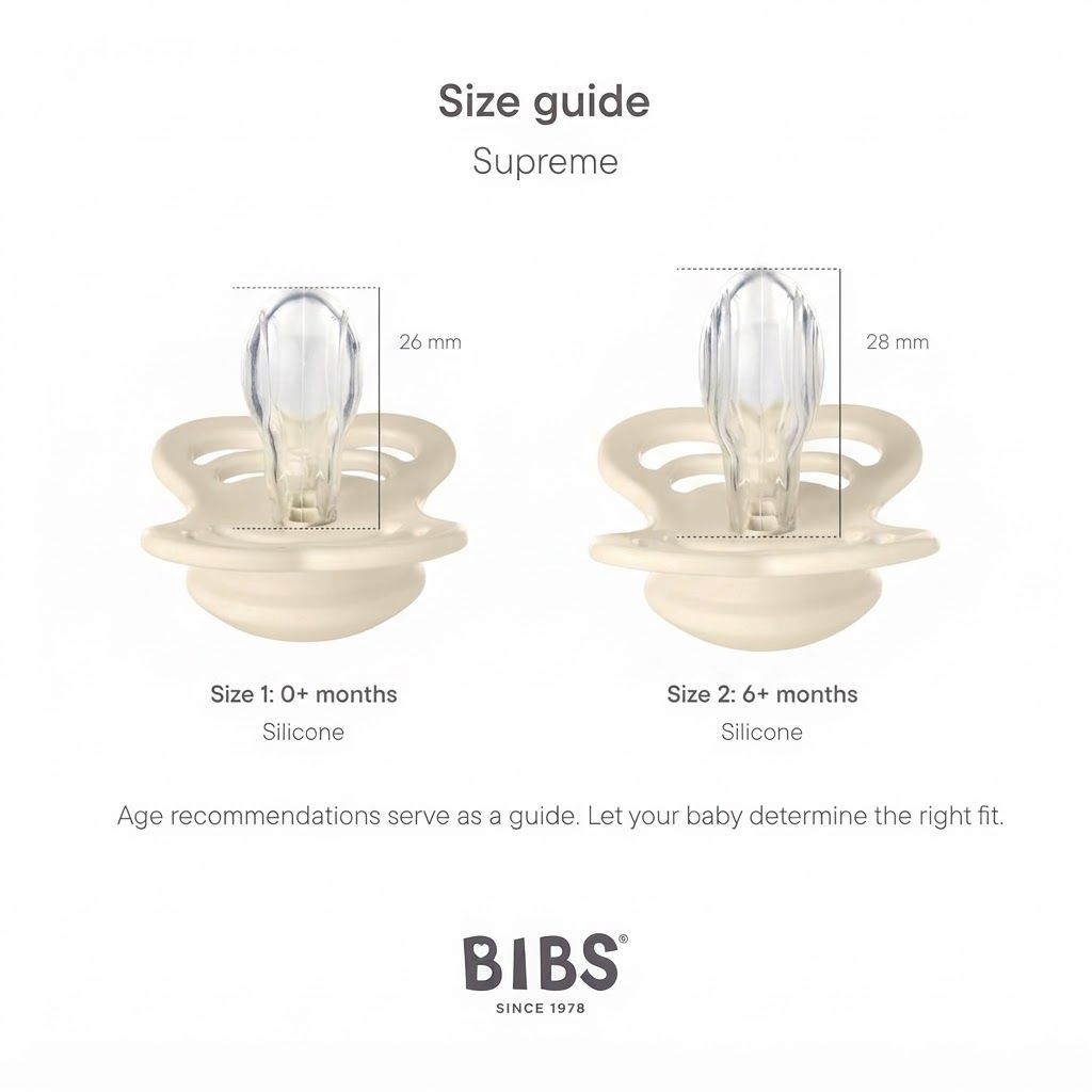 BIBS Supreme Silicone Symmetrical Pacifier Size 2 6+ Months 2 Pack, Safe Food Grade Material, BPA-Free, Flexible And Durable Design - Ivory/Sage