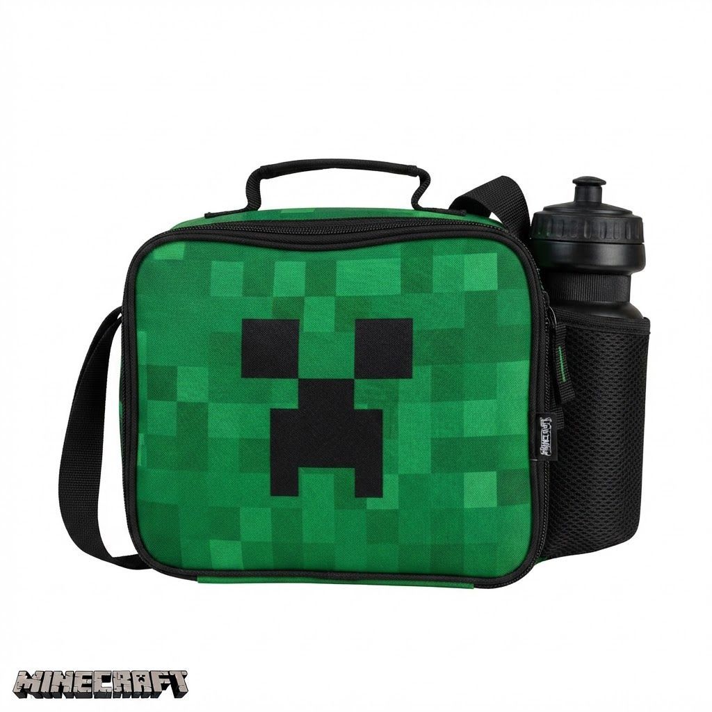 Minecraft Insulated Lunch Bag for Kids, Creeper Gaming Lunch Box with Water Bottle, Durable School Lunch Bag