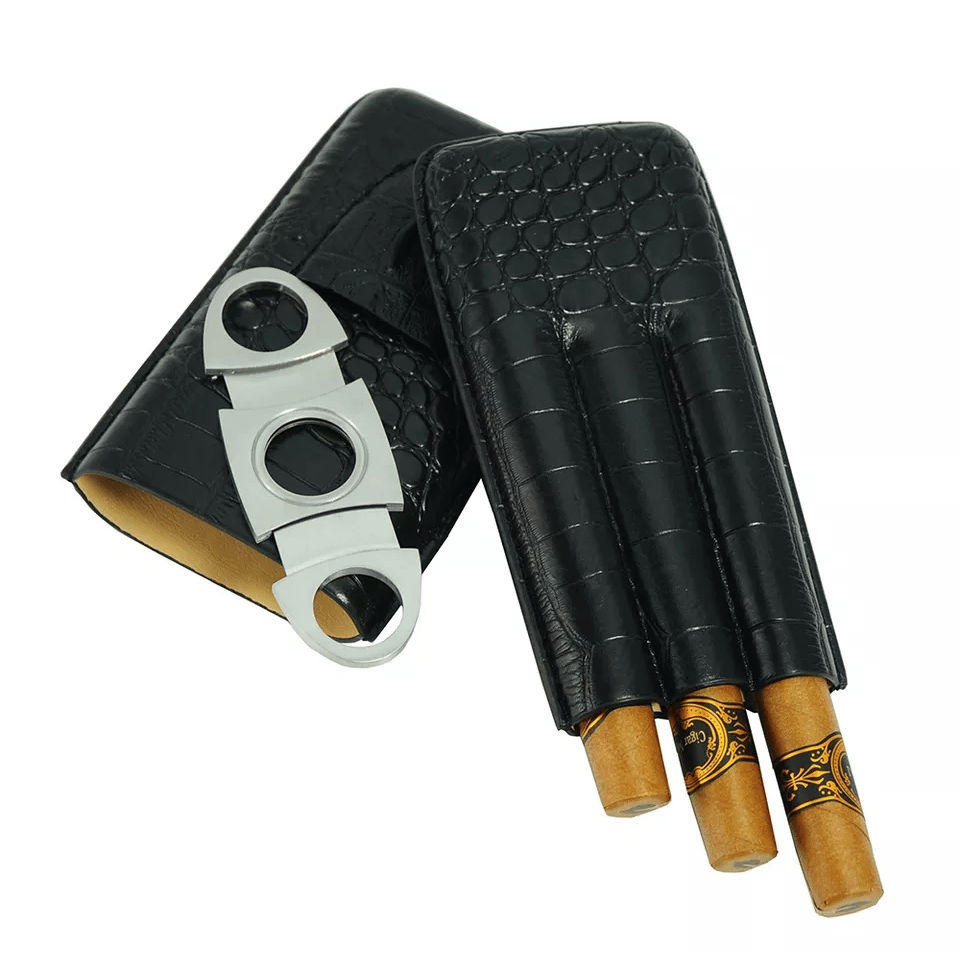 Luxury Signature 3 Ct PU Leather Cigar Case Black, Imitation Croco Leather Finish, Stainless Steel Cutter Included, 187x90x22mm