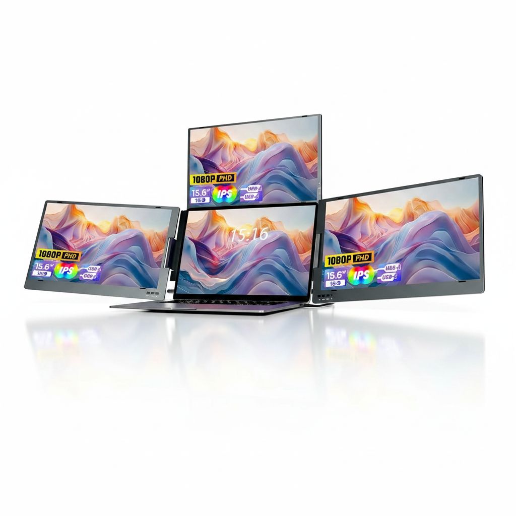 V2COM Laptop Screen Extender 15.6" 1080P FHD Portable Monitor Triple Screen for 12"-17.3" Windows Mac, Aluminum Quad Foldable, Built-in Stand, Auto Rotation - Silver