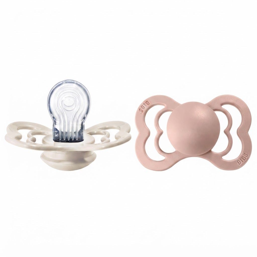 BIBS Supreme Silicone Symmetrical Pacifier Size 2 6+ Months 2 Pack, Safe Food Grade Material, BPA-Free, Flexible And Durable Design - Ivory/Blush