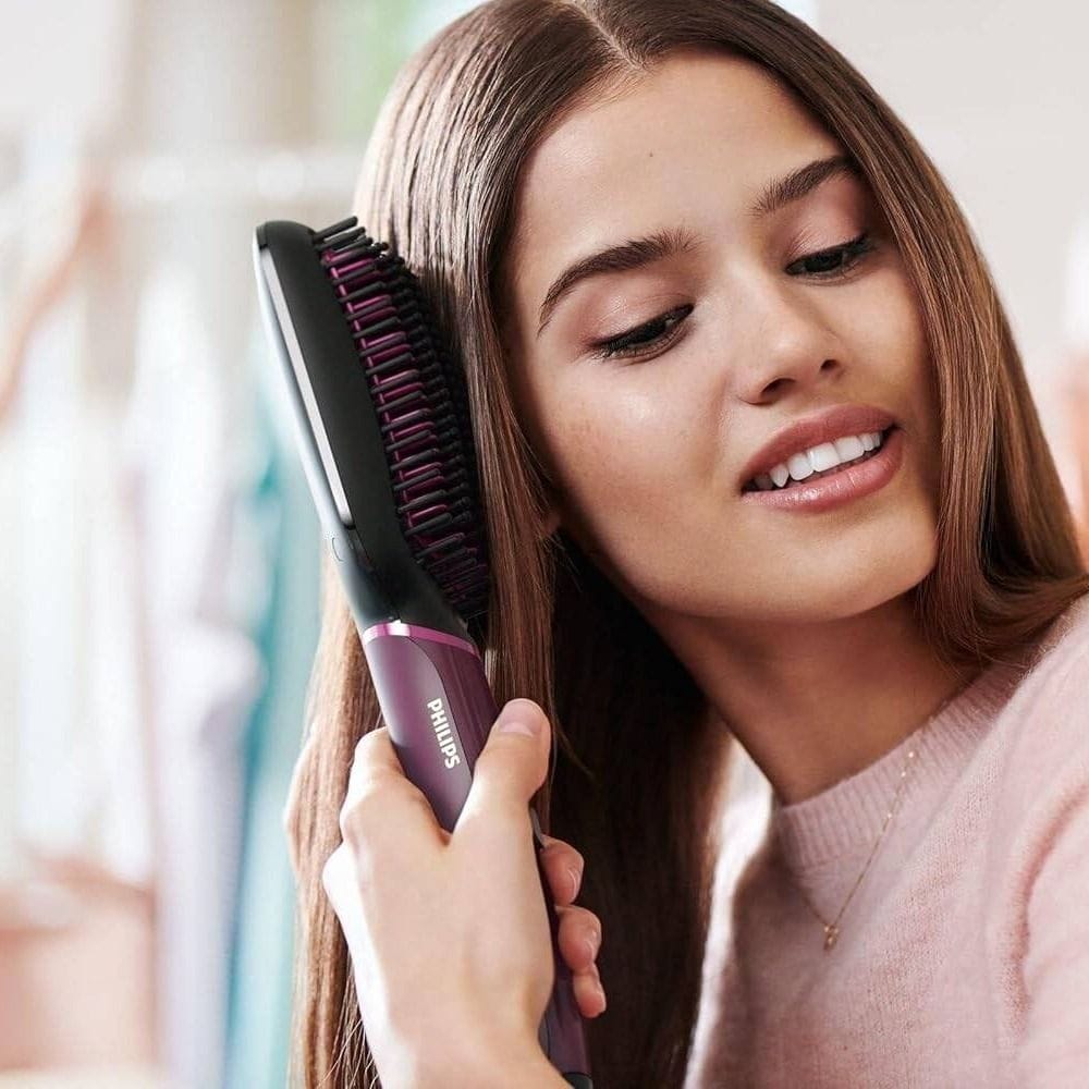 Philips Heated Straightening Brush, ThermoProtect Technology, Tourmaline Ceramic Bristles, 2 Temperature Settings, Fast Styling | Black - BHH730/03