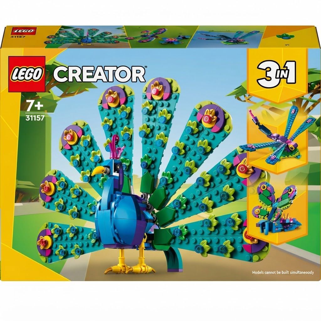 LEGO Creator 3in1 Exotic Peacock Building Set, Colorful Animal Toy for Kids, Buildable 355 Pieces
