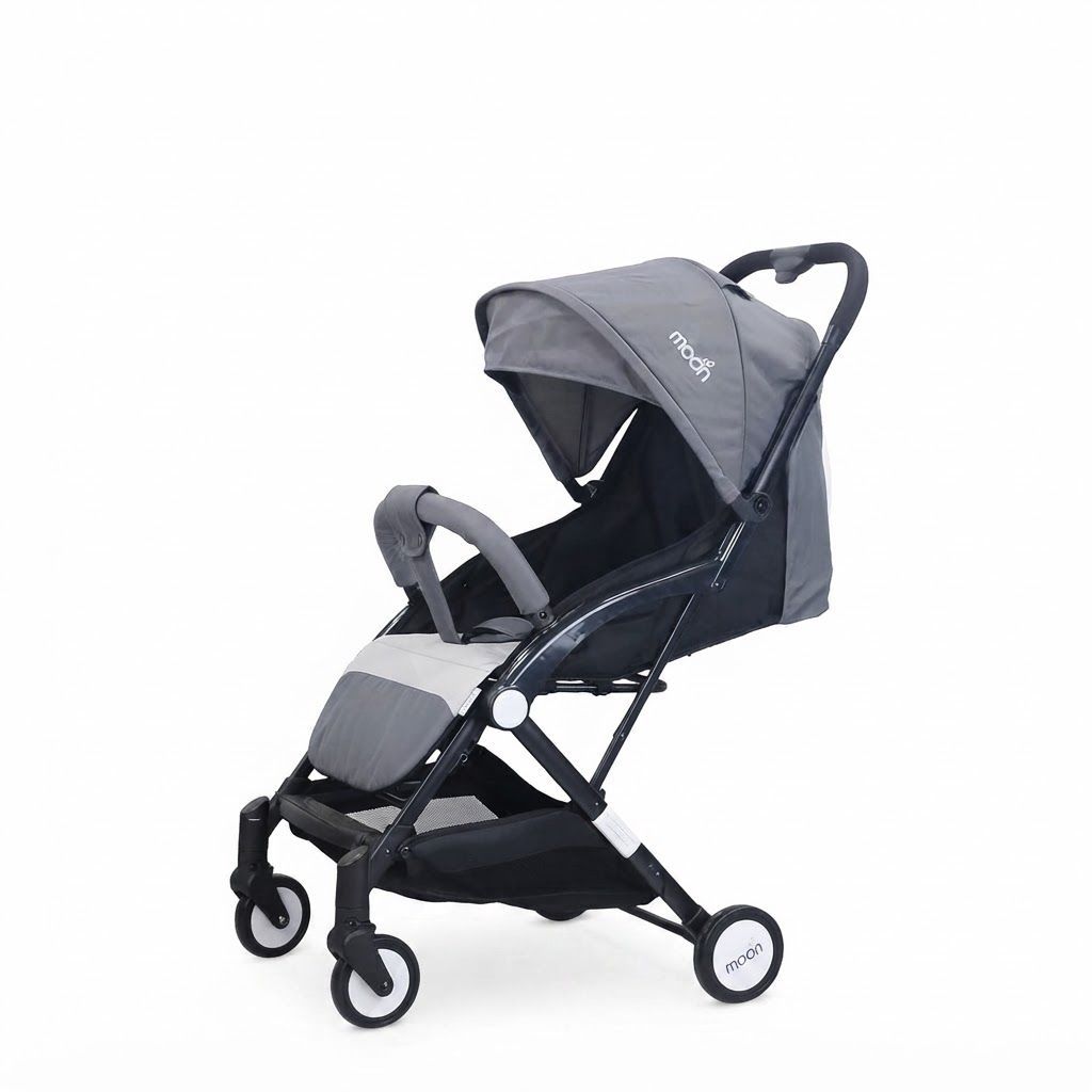 The Moon Brand TravelLite Compact Stroller - One-Hand Fold Cabin-Approved Pram for Newborns to 3 Mid Grey, 0 - 18kg, Birth to 3 Years, 5-Point Safety Harness