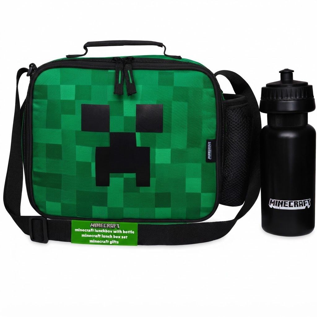 Minecraft Insulated Lunch Bag for Kids, Creeper Gaming Lunch Box with Water Bottle, Durable School Lunch Bag