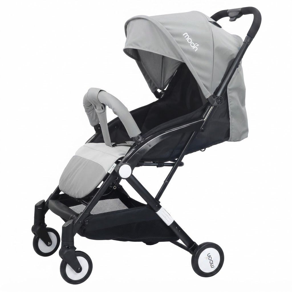 The Moon Brand Ritzi TravelLite Stroller, Compact Folding Cabin Pram for Air Travel, 18 kg, Birth to 3 Years, 5-Point Harness | Light Grey