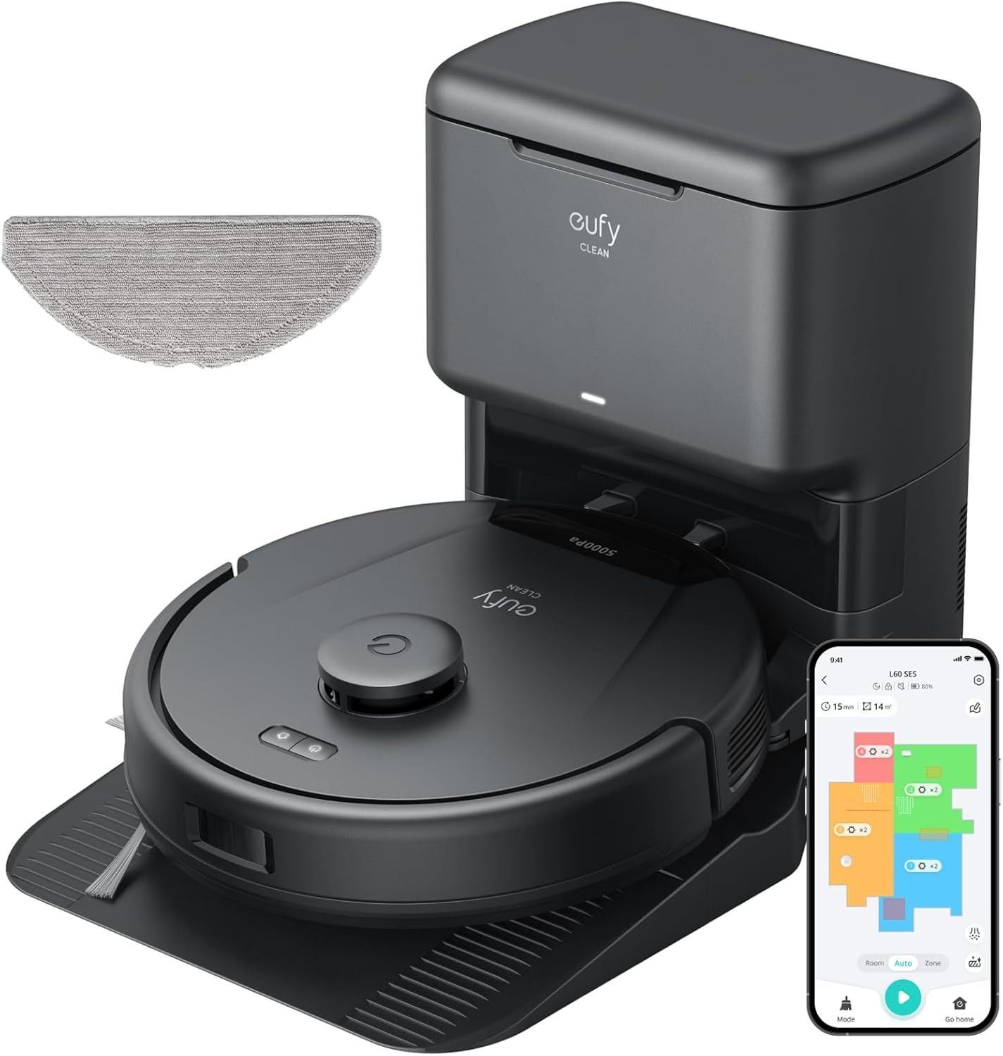Eufy Clean L60 Hybrid Robot Vacuum with Self-Empty Station, 5000Pa Suction, iPath Laser Navigation, AI.Map 2.0 | Black | T2278V11