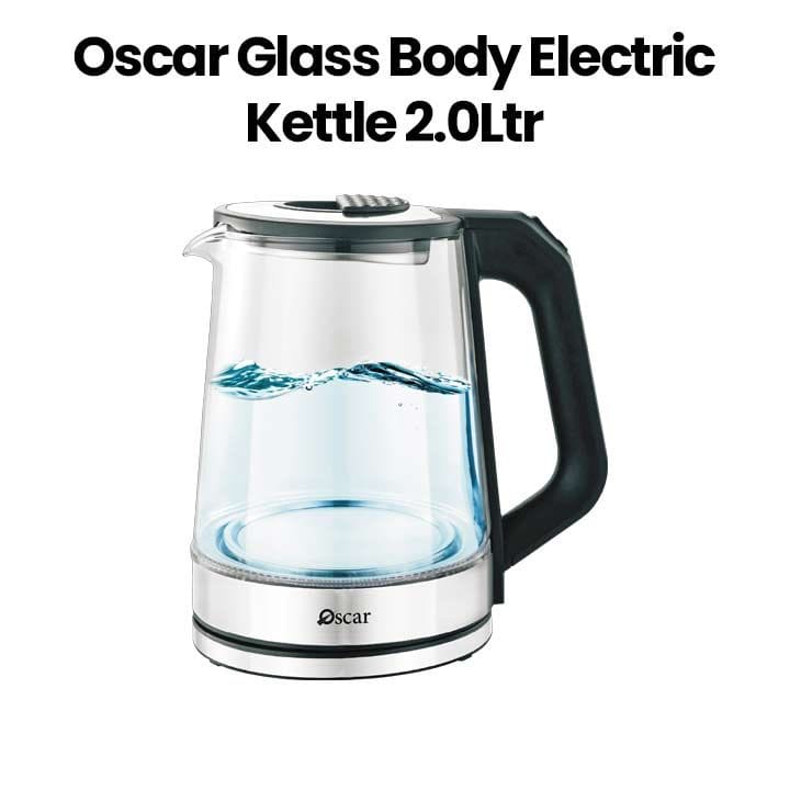 Oscar Glass Body Electric Kettle 2L, Fast Boiling 1500W Power, Automatic Shut-Off, Boil-Dry Protection, Cool-Touch Handle - Silver/Black - OKT20LSGL