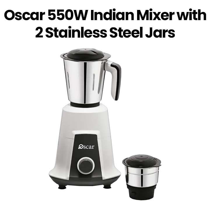 Oscar Indian Mixer 550W, 2 Stainless Steel Jars, Multi-Purpose Use, Durable Construction, Safety Lock System, Stable Operation - Black/White - OMG550INDK1