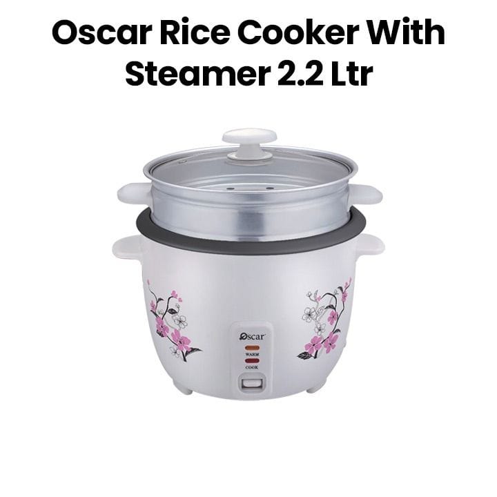 Oscar Rice Cooker With Steamer Teflon And Glass Lid 2.2L, Steamer Basket Included, Teflon Coated Non Stick Inner Pot - White - ORC22WS