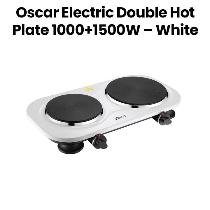 Oscar Electric Double Hot Plate 1000+1500W, Cast Iron Plates, Adjustable Heat Control, Safety Protection, Compact Build - White - OHP-20W1