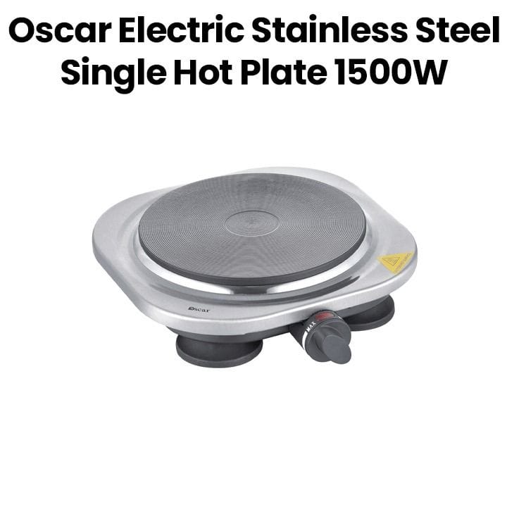 Oscar Electric Stainless Steel Single Hot Plate 1500W, Cast Iron Plate, Adjustable Thermostat, Overheat Protection, Portable Design - Silver - OHP-10S1