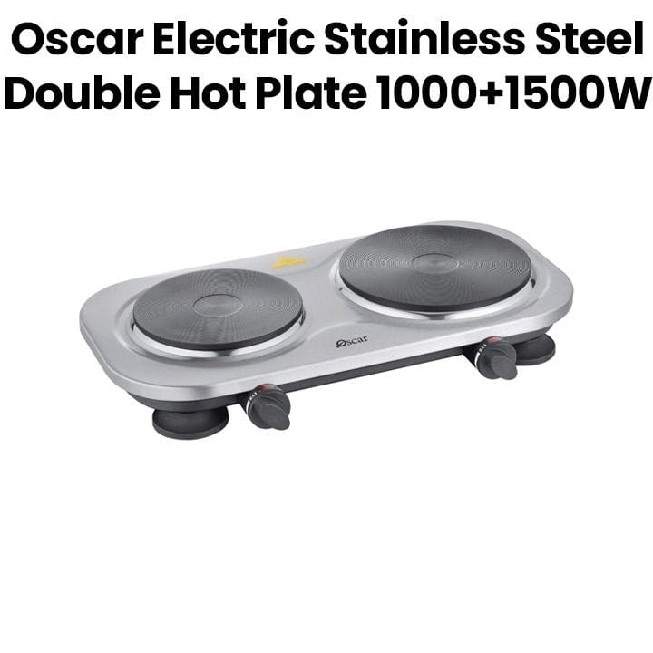 Oscar Electric Double Hot Plate 1000+1500W, Cast Iron Plates, Adjustable Heat Control, Safety Protection, Compact Build - Silver - OHP-20S1