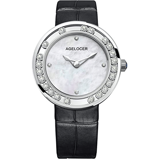 Agelocer Baikal White Quartz Watch, 36mm 316L Stainless Steel Diamond Case, Cal.1850 Movement, Sapphire Style Dress Watch, Leather Strap