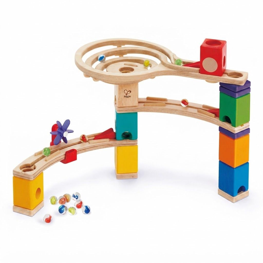 Hape E6021 Quadrilla Race to the Finish Wooden Marble Run - 58 Piece STEM Educational Set