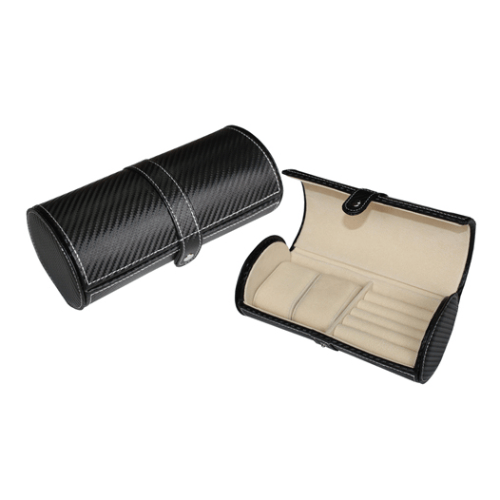 Luxury Signatur Round Watch & Jewelry Box, Black Carbon Fiber PU Leather Storage Case, Premium Organizer for Watches & Jewelry