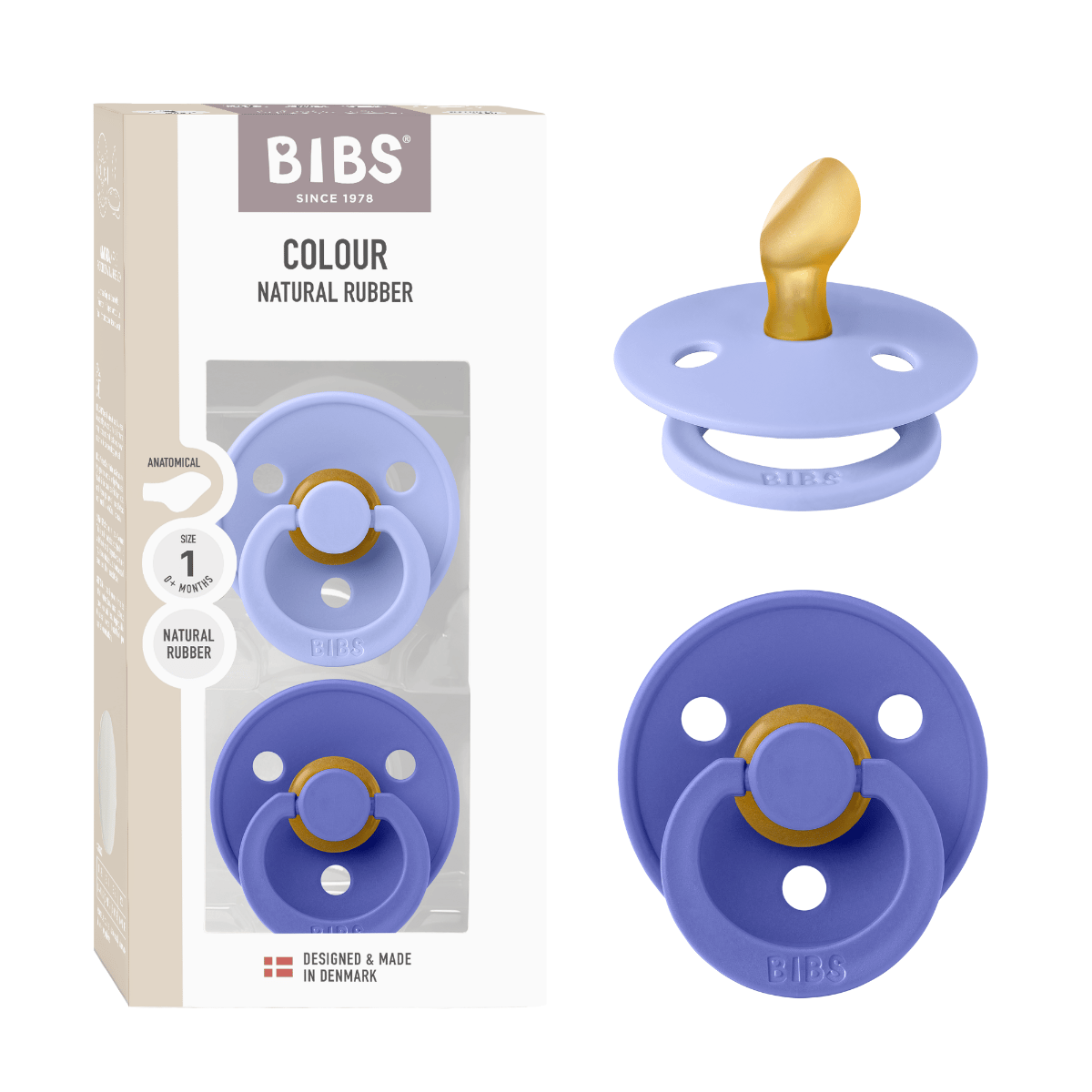 عبوة من لهايتين BIBS كولور من اللاتكس مقاس 1، لعمر +0 أشهر، حلمة دائرية وناعمة، واقٍ مضاد للتهيج، نعومة تحاكي البشرة، مرنة ومتينة - هَش / عنبي