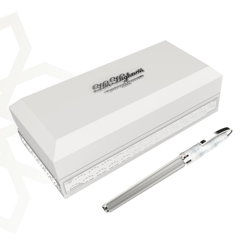 His Highness Sterling Pen, Silver Plated Brass Writing Pen, Etched Graphic Design, Wooden Leather-Finished Gift Box