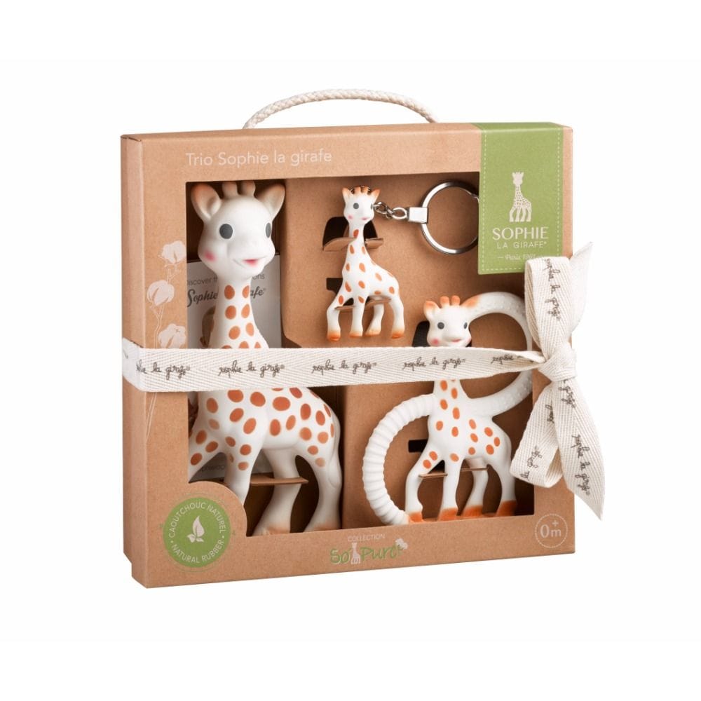 Sophie La Girafe So'Pure Trio Giraffe Teether Ring Key Set 3+ Monthss, Flexible And Easy To Grip, Textured Surfaces For Teething Relief  - Brown/White