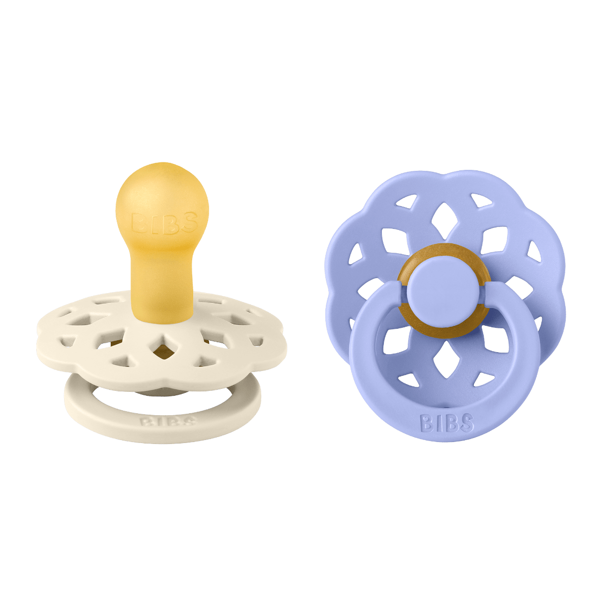 BIBS Boheme Pacifier Size 1 0+ Months 2 Pack, Natural Rubber Latex Nipple, Gentle And Skin-Friendly Shield Design - Ivory/Hush