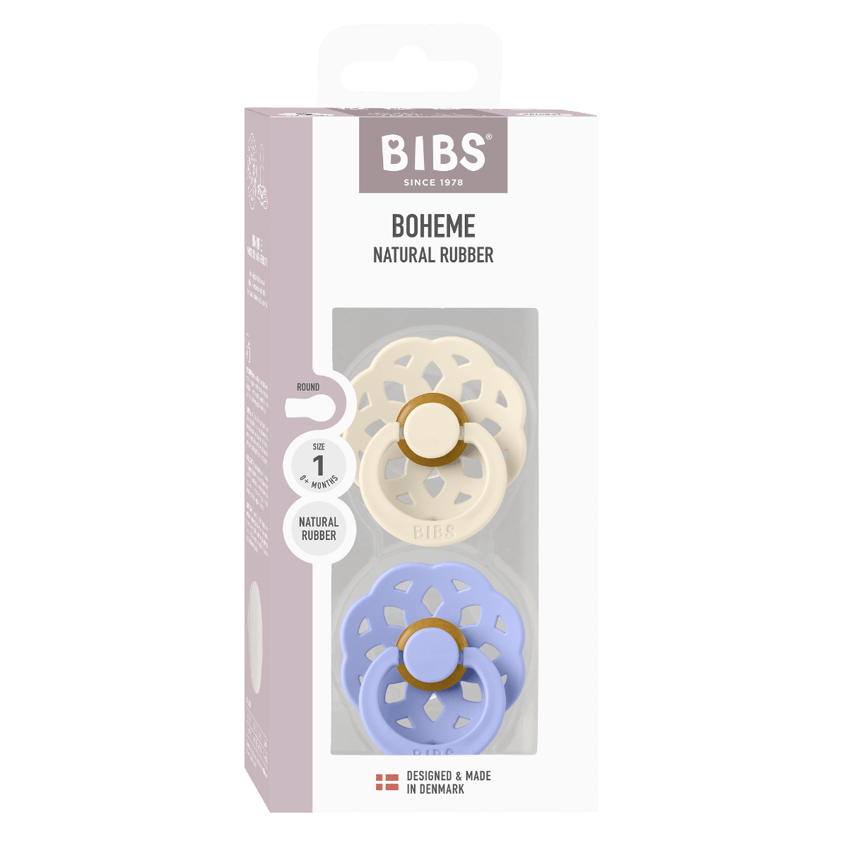 BIBS Boheme Pacifier Size 1 0+ Months 2 Pack, Natural Rubber Latex Nipple, Gentle And Skin-Friendly Shield Design - Ivory/Hush
