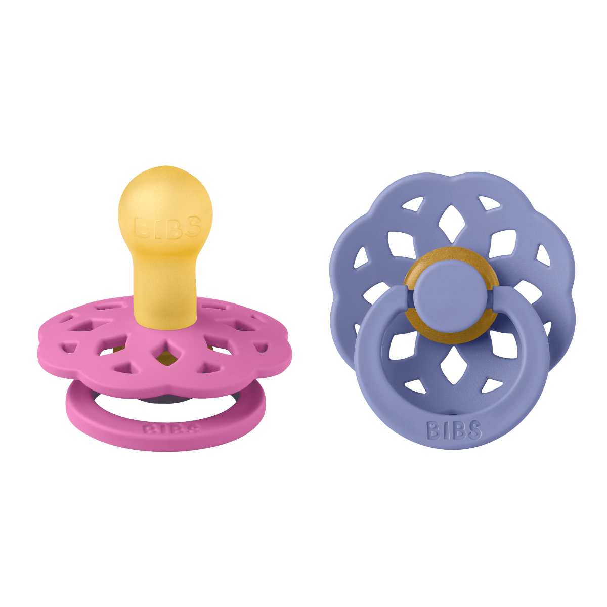 BIBS Boheme Pacifier Size 1 0+ Months 2 Pack, Natural Rubber Latex Nipple, Gentle And Skin-Friendly Shield Design - Bubblegum/Peri