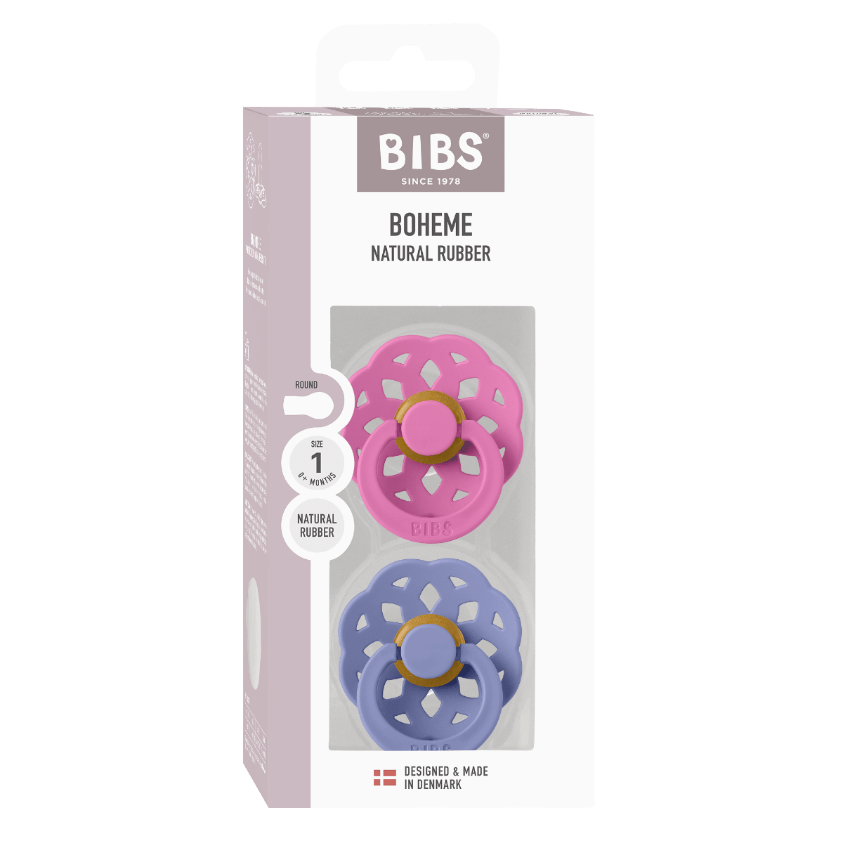 BIBS Boheme Pacifier Size 1 0+ Months 2 Pack, Natural Rubber Latex Nipple, Gentle And Skin-Friendly Shield Design - Bubblegum/Peri