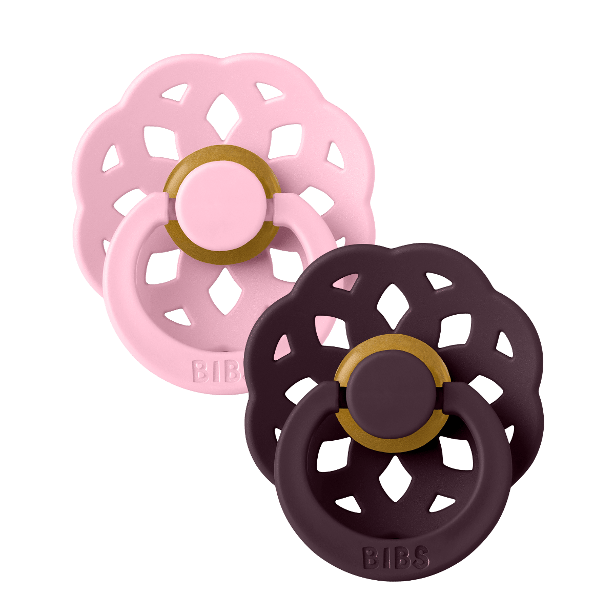 BIBS Boheme Pacifier Size 2 6+ Months 2 Pack, Natural Rubber Latex Nipple, Gentle And Skin-Friendly Shield Design - Baby Pink/Plum