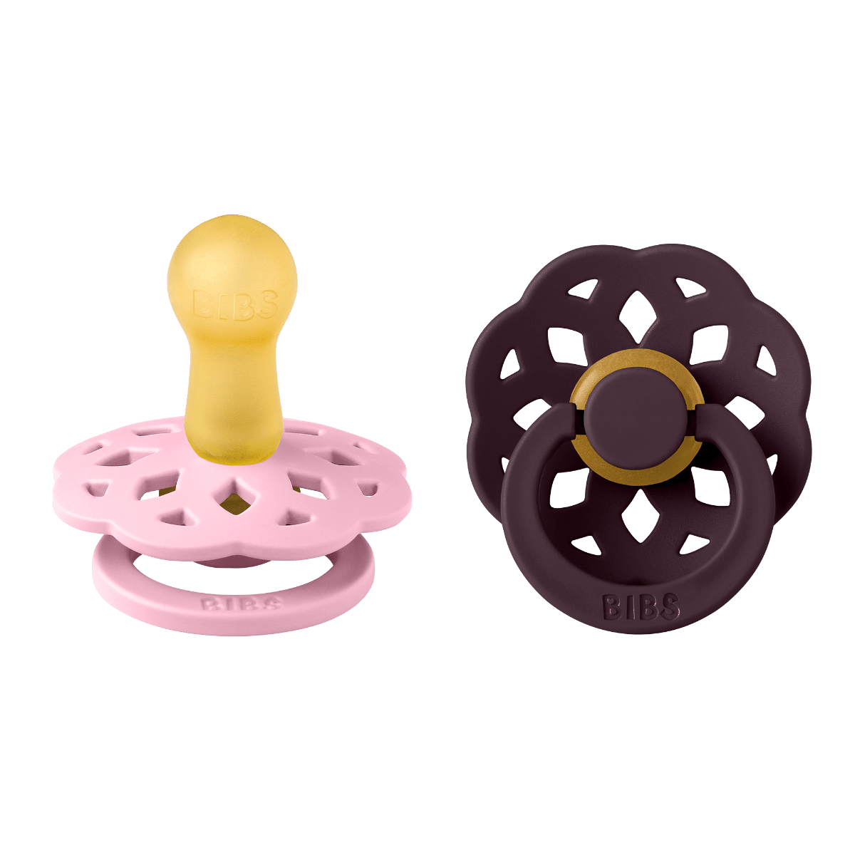 BIBS Boheme Pacifier Size 2 6+ Months 2 Pack, Natural Rubber Latex Nipple, Gentle And Skin-Friendly Shield Design - Baby Pink/Plum