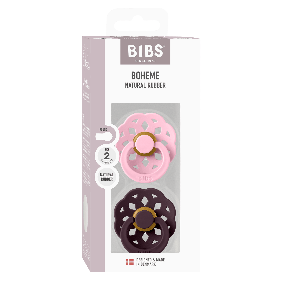 BIBS Boheme Pacifier Size 2 6+ Months 2 Pack, Natural Rubber Latex Nipple, Gentle And Skin-Friendly Shield Design - Baby Pink/Plum