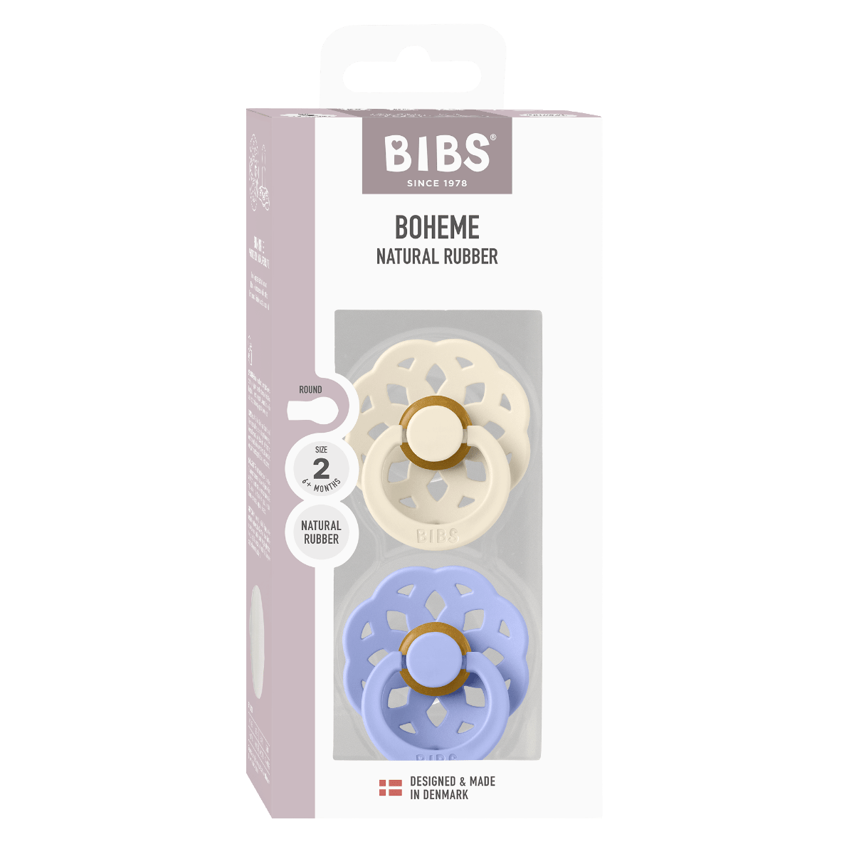عبوة من لهايتين BIBS بوهم مقاس 2، لعمر +6 أشهر، حلمة من اللاتكس المطاطي الطبيعي، تصميم واقٍ لطيف ومناسب للبشرة - عاجي / هَش