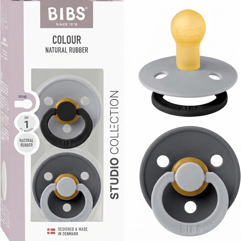 BIBS Fusion Studio Colour Latex Round Pacifier Size 1 0+ Months 2 Pack, Ergonomic Shield Design, BPA-Free And Safe Materials - Cloud Iron Mix
