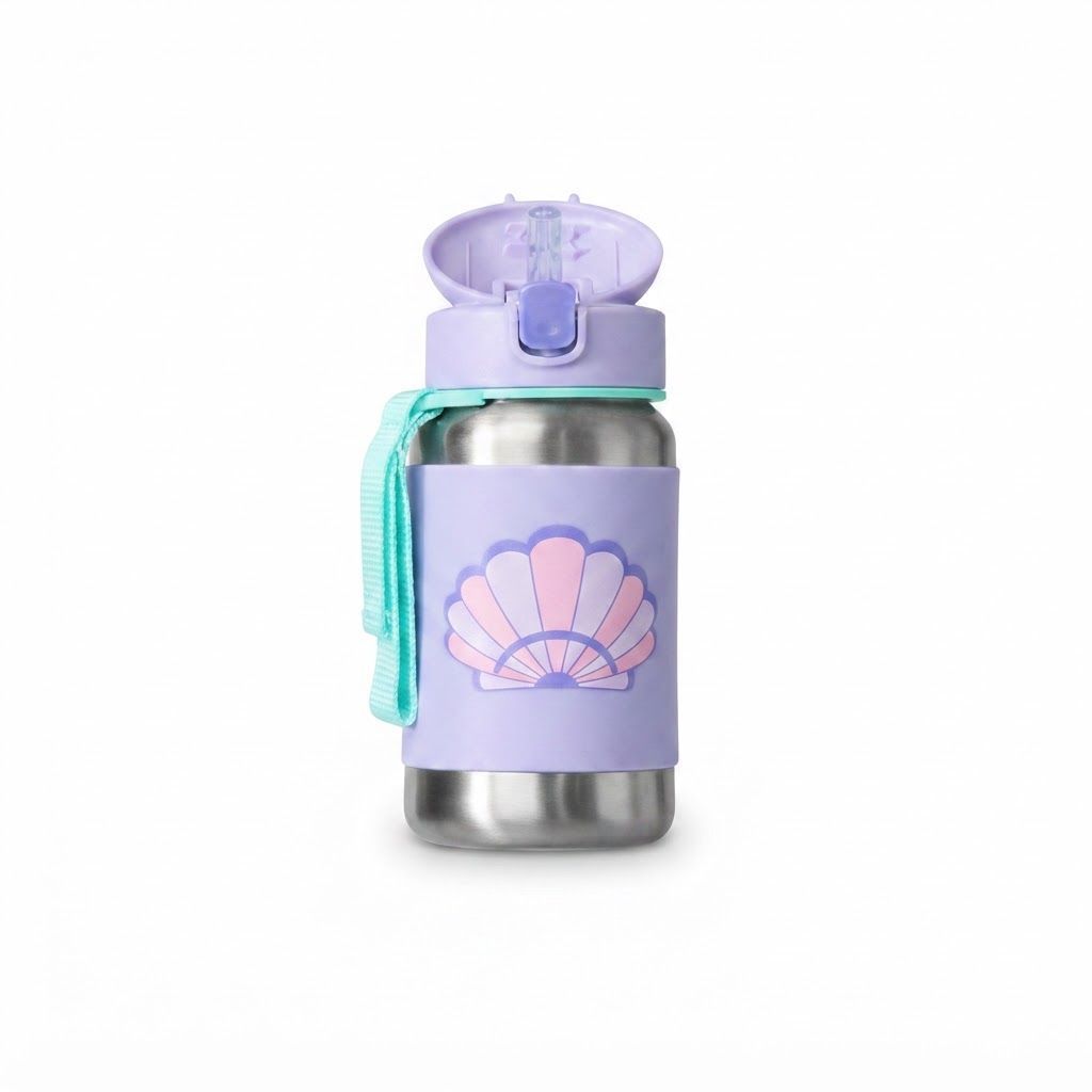 Skip Hop Seashell Spark Style Stainless Steel Kids Straw Bottle 12+ Months 350ml, Comfortable No Slip Silicone Grip, Flexible Straw Flips - Multicolour