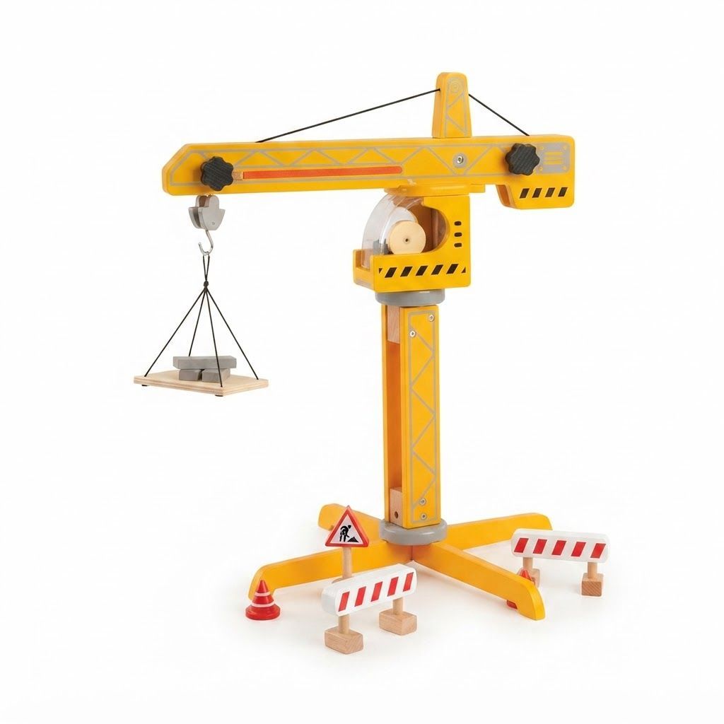 Hape Wooden Crane Lift Construction Toy - Large 360-Degree Rotating Crane with Working Hook, 3Y+
