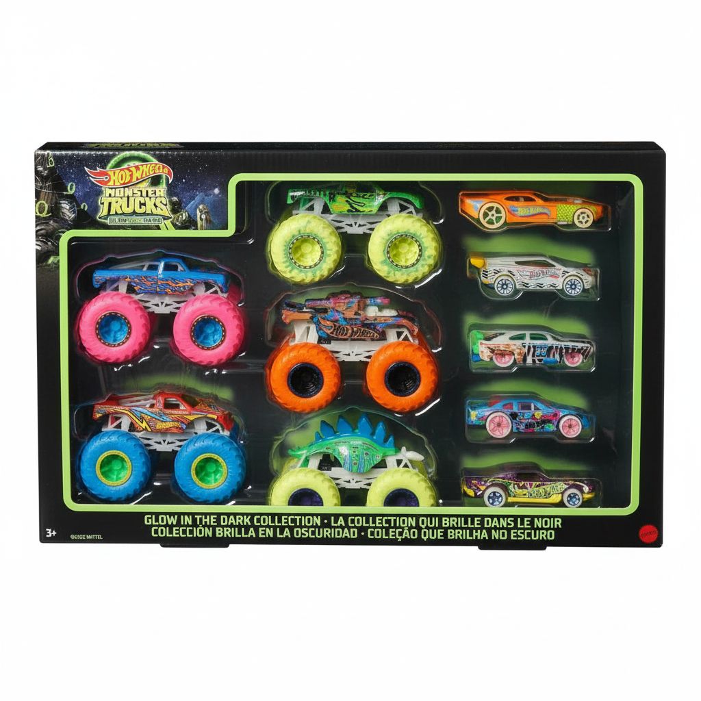 Glow in the Dark Hot Wheels Monster Trucks Multipack - 10 Vehicles for Kids Aged 4-8