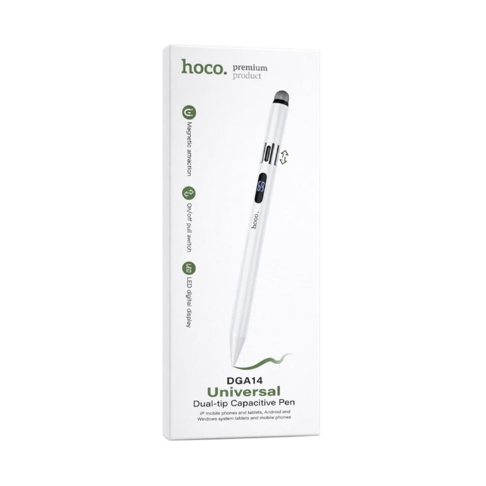 HOCO DGA14 Universal Dual-Tip Capacitive Stylus Pen with Digital Display, Palm Rejection, Tilt Sensitivity - White