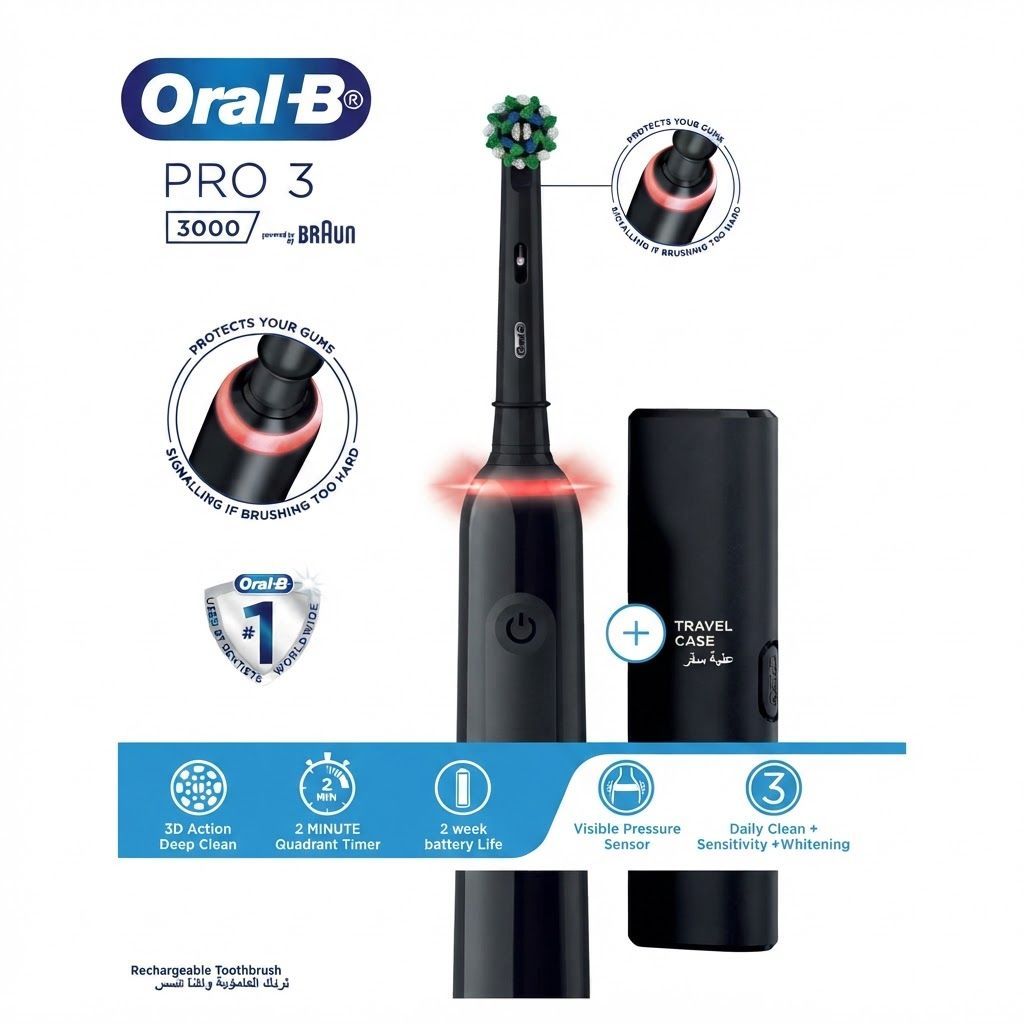 Oral-B Pro Clean 3 3000 Electric Toothbrush, Black - Rechargeable with Pressure Sensor, 3 Modes