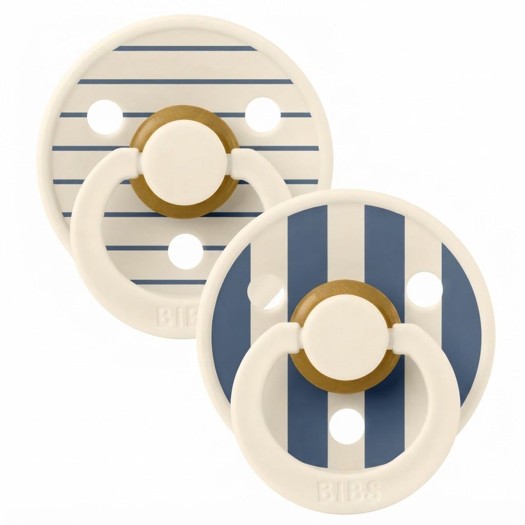 BIBS Pin Studio Colour Latex Round Pacifier Size 2 6+ Months 2 Pack, Ergonomic Shield Design, BPA-Free And Safe Materials - Ivory Steel Blue Mix