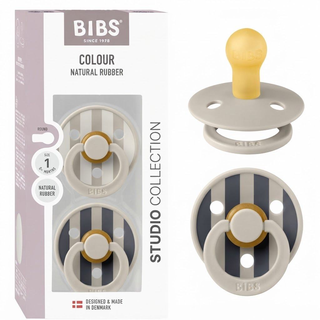BIBS Block Latex Round Pacifier Studio Colour Size 1 0+ Months 2 Pack, Natural Rubber Nipple, Gentle Shield Design, BPA-Free - Sand Mix
