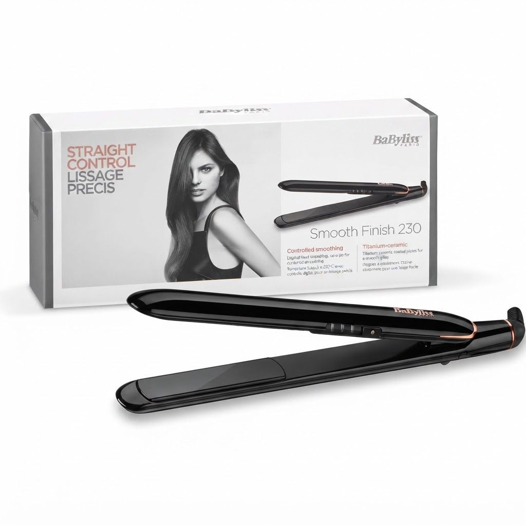 BaByliss Smooth Finish 230 Hair Straightener, Titanium Ceramic Plates, Adjustable Temperature, 100-240V | Black - ST250SDE