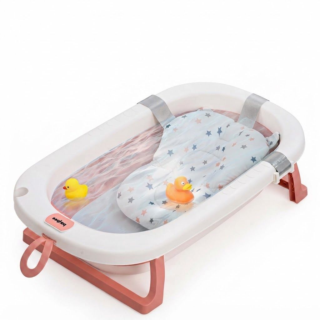Baybee Foldable Baby Bathtub with Support Cushion, Anti-Skid Base & Drainer, Portable Compact Bath Tub
