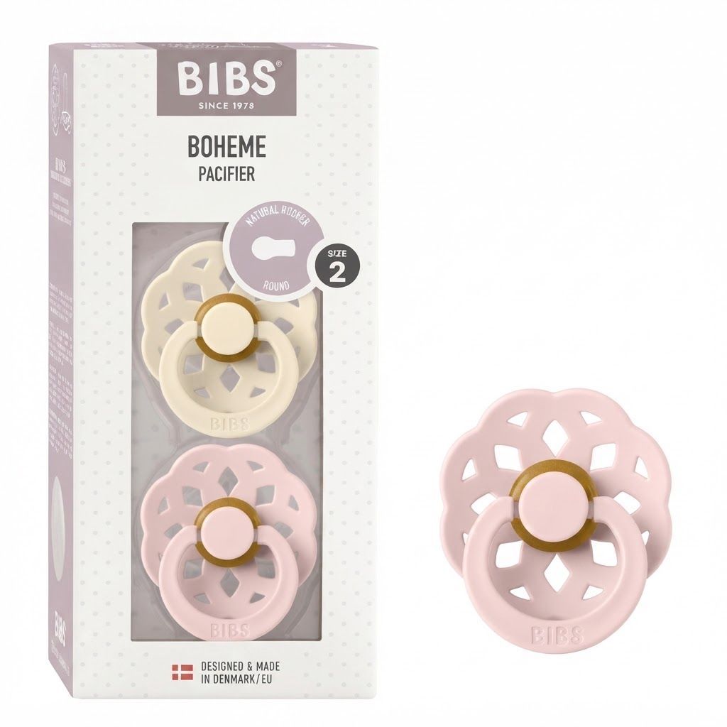 عبوة من لهايتين BIBS بوهم بحلمة لاتكس مقاس 2، لعمر +6 أشهر، تمنح الراحة وتحفز المص، حلمة من المطاط الطبيعي، تصميم واقٍ خفيف الوزن - عاجي / زهري