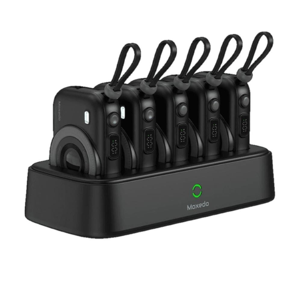 مجموعة باور بانك موكسيدو للشحن اللاسلكي، 5 × 10000 مللي أمبير، 22.5 واط USB-C PD، قاعدة شحن، كابلات USB-C و Lightning مدمجة | أسود - MX-PBH039-DS