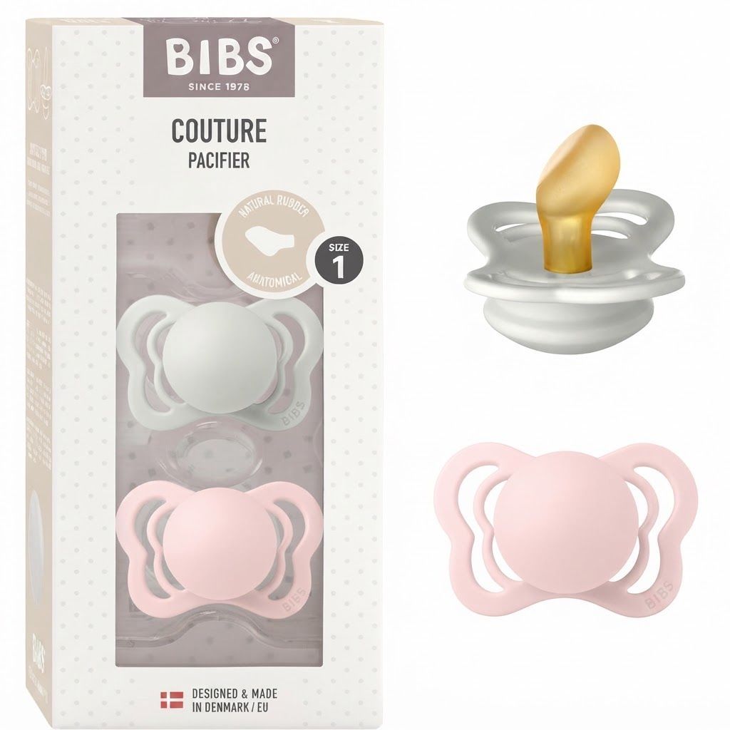 BIBS Pacifier Couture Size 1 0-6 Months 2 Pack, Soothing Natural Latex Nipple, Anatomical Shape, Lightweight And Breathable Design - Haze/Blossom